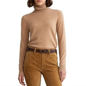 RLR Silk/Cashmere Embroidered Crest Turtleneck Sweater Camel Tan Neutral LRG